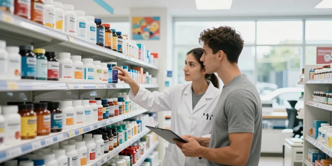 Een deskundige apotheker in de Unique Pharma Shop helpt een klant bij het selecteren van voedingssupplementen voor bodybuilding in een moderne, goed verlichte apotheek.