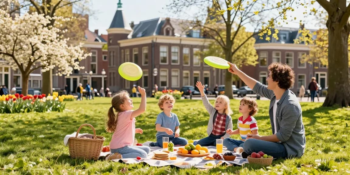 Family enjoying tips den haag picnic in spring, surrounded by blooming flowers and historic buildings.