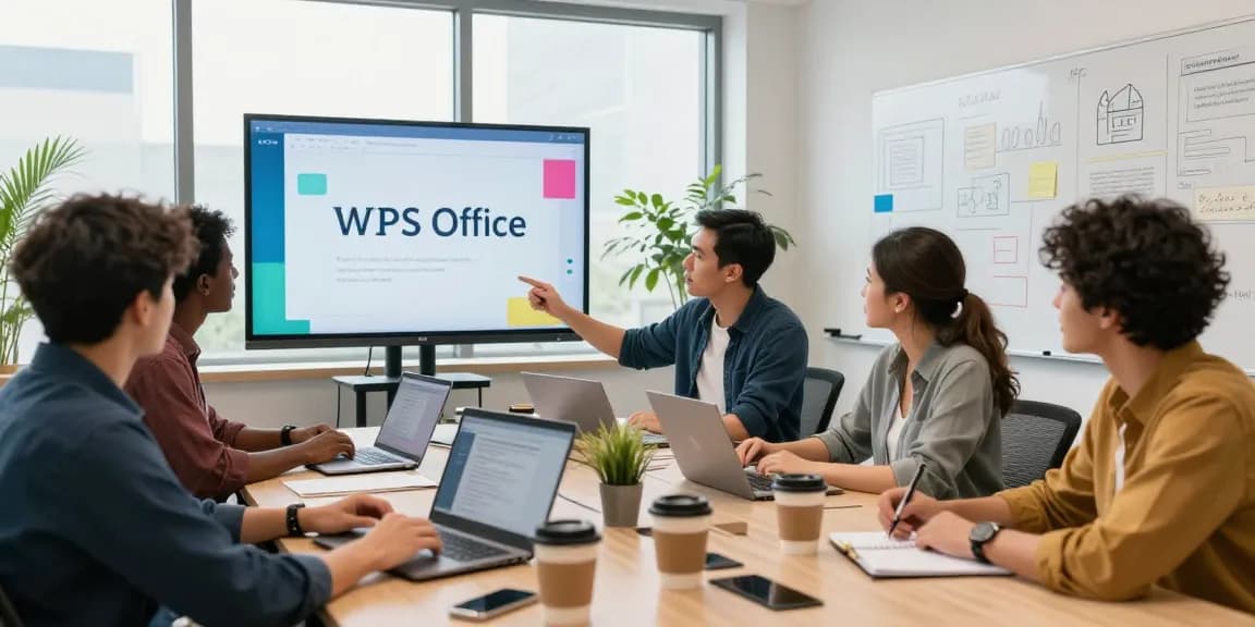 Download WPS Office during a collaborative meeting in a modern office setting.